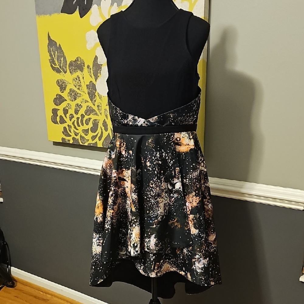 Sleeveless High-Low Dress with Abstract Floral Skirt - Black & Peach